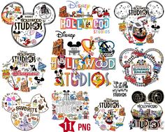 mickey mouse stickers are shown in various colors and sizes, including the logo for disneyland studios