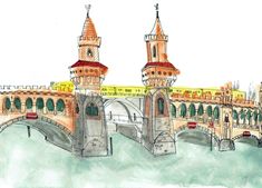 watercolor and ink drawing of a bridge with two towers