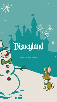 a snowman and rabbit in front of a castle with the word disneyland written on it