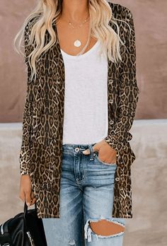 Long Knit Cardigan in 15 Colors including this Maxi Leopard Cardigan as well as Included Camo Long Cardigan; Leopard Long Cardigan; Snakeskin Long Cardigan; Animal Print Long Cardigan; Black Long Cardigan; Hi Low Long Cardigan; Grey Long Cardigan and a Red Long Cardigan. Color Block Cardigan, Button Down Cardigan, Cardigan Fashion, Printed Sweater, Sleeves Pattern, Long Cardigan