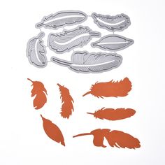 an assortment of feathers are shown on a white paper sheet with orange and gray stencils