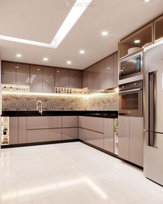 a modern kitchen with stainless steel appliances and white tile flooring, along with recessed lighting