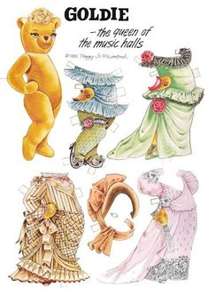 an advertisement for goldie the green of the music hall, featuring teddy bears and dresses