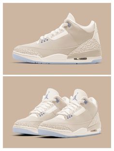 two images of the air jordans in white and light blue, one is on top of