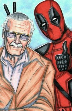 an older man with glasses next to a deadpool character in color pencil and watercolor