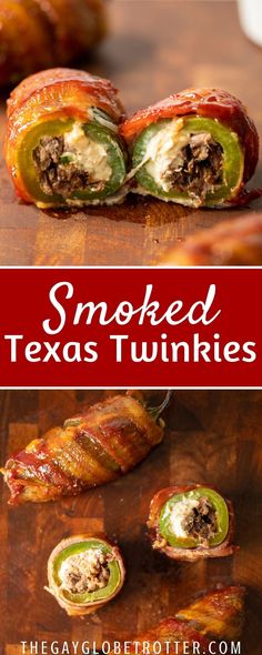 some food that is on top of a wooden cutting board with the words smoked texas tunkies