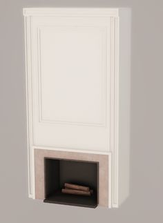 a white wall mounted cabinet with a fire place in the middle and two books on top