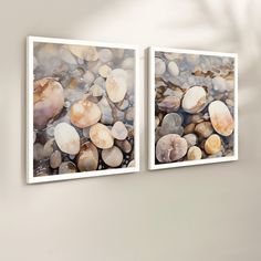 two framed pictures with pebbles on the ground in front of a wall mounted light fixture