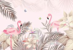 pink flamingos and tropical leaves on a light pink background with a butterfly in the sky