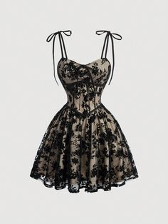 Negro Bohemio Collar sin mangas Tela tejida Floral,Plantas,Estampado Integral Tirantes Embellished Estiramiento medio Mesh Dress Outfit Classy, Fashion Corset, Black Spaghetti Strap Dress, Fashion Design Patterns, Moda Chic, Corset Bustier, Looks Party, Prom Dress Inspiration