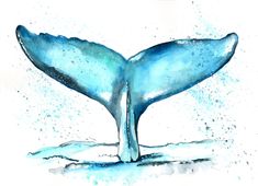 a painting of a blue whale's tail in watercolor and ink on paper