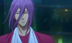 an anime character with purple hair wearing a red shirt and white scarf around his neck