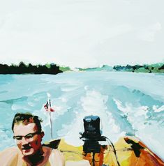 a painting of a man on a motorboat in the water with trees behind him