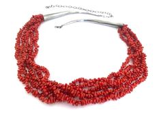 Native American Multi Strand Vibrant Red Coral Necklace With Long Sterling Silver Cones Attached to a Cable Link Chain and Simple Hook Clasp - Etsy Photographing Jewelry, Red Coral Necklace, Native American Necklace, Natural Coral, Coral Necklace, Hook Clasp, Multi Strand Necklace, Red Coral, Multi Strand