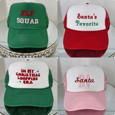 four hats with santa's favorite sayings on them