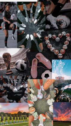 a collage of photos with people and sports equipment in the middle one is holding a soccer ball