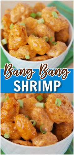 two bowls filled with chicken and sauce on top of a green table cloth next to the words, bang bang shrimp