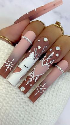 Nail Designs Holiday, Christmas Nail Designs Holiday, Gingerbread Nails, Deer Nails, Long Square Nails, Style Nails, Holiday Nail, Christmas Nails Acrylic