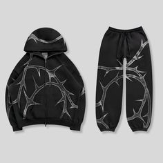 Rhinestone Unisex Hoodie Hoodie Two Piece, Hoodie Pants Set, Outfits For School High School, Y2k Rhinestone Hoodie, Rave Outfits Shorts, Hoodies And Sweatpants Outfit, Rhinestone Tracksuit, Named Collective Hoodie, Black Hoodie Design