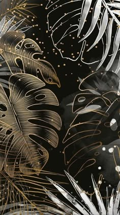 black and gold wallpaper with tropical leaves