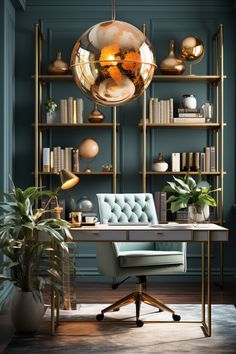 home office with Teal walls, a gray and gold desk, desk chair, and a globe light office workspace. Dark Teal Home Office, Dark Teal Office, Green And Gold Office, Luxurious Workspace, Teal Home Office, Dark Office Ideas, Royal Blue Office, Elegant Bookshelf, Professional Office Design