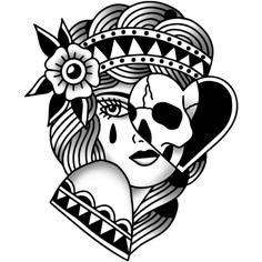 a black and white drawing of a woman's face with a skull on it