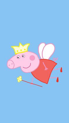 pep the pig flying with a crown on his head and holding a flower in its hand