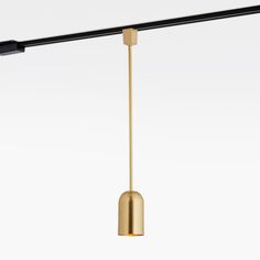 a black and gold light fixture hanging from a metal bar with a white wall in the background