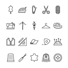 sewing related items are shown in this black and white icon set on a white background