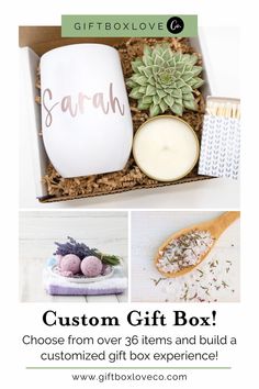 the gift box is filled with personalized items for someone's special occasion, including candles and soaps