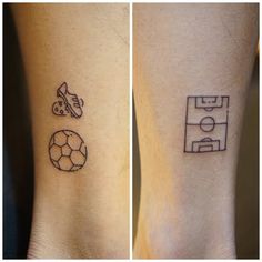 two tattoos on the legs of people who are both wearing soccer shoes and one with a ball