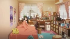 an anime bedroom with a bed, desk and shelves filled with stuff on the floor