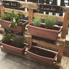 three wooden planters with plants in them