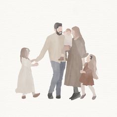 a man and woman holding hands with two small children in front of them on a white background