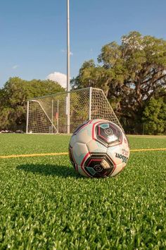 a soccer ball sitting on top of a green field next to a goal post and flag pole