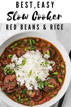 the best slow cooker red beans and rice in a white bowl with text overlay