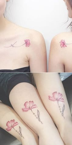 two pictures of the same woman's legs with flowers tattooed on their thighs and behind them