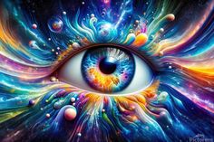 an eye with colorful swirls and bubbles surrounding it