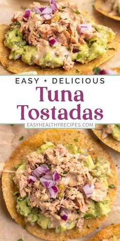 tuna tostadas with avocado and red onion on top, served in tortilla shells