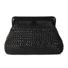 Frame clutch in woven black leather. Lined with inside zipper pocket and detachable shoulder straps. Chic Evening Bag With Intrecciato Weave, Luxury Woven Clutch, Luxury Intrecciato Weave Clutch For Travel, Black Woven Leather Clutch Bag, Woven Leather Clutch Bag, Chic Pouch Clutch With Intrecciato Weave, Chic Clutch With Intrecciato Weave, Elegant Woven Leather Clutch For Travel, Chic Travel Clutch With Intrecciato Weave