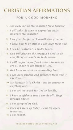 a sheet of paper with the words, christian affirmations for a good morning