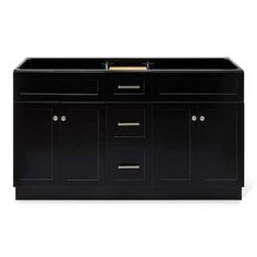 a large black cabinet with two doors and three drawers on the bottom, one door open