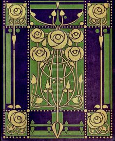 an old book with decorative designs on the front and back cover, in green and purple