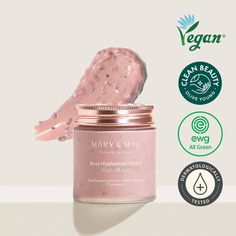 MARY & MAY Rose Hyaluronic Hydra Wash Off Pack jar with a swipe of rose clay mask, vegan and clean beauty certifications clearly visible. Fig Fruit, Collagen Serum, Mask Pack, Vegan Clean, French Rose, Damask Rose, Beauty Mask, Affordable Skin Care, Effective Skin Care Products