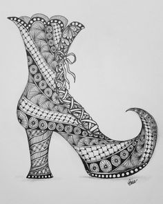 a black and white drawing of a high heeled shoe with intricate designs on it