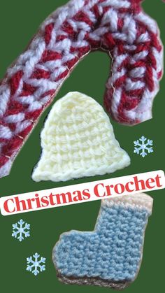 crocheted christmas hats and mittens with snowflakes in the background text reads christmas crochet