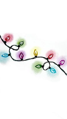 a string of colorful lights on a white background with watercolors and brush strokes