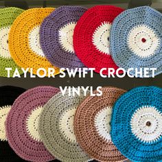 several crocheted round rugs with the words taylor swift crochet