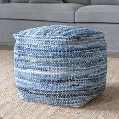 Woven Recycled Denim Pouf-Furniture-Rustic Barn Boutique Upcycle Denim, Denim Washes, Park Hill Collection, Square Pouf Ottoman, Round Storage Ottoman, Square Pouf, Pine Furniture, Blues Rock, Upcycled Denim