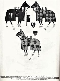 an old black and white drawing of knights on horses with shields, armor and shield